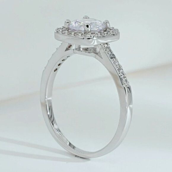 Silver Rhodium and White Diamond Cubic Zirconia Square Halo Ring - Picture 13 of 13